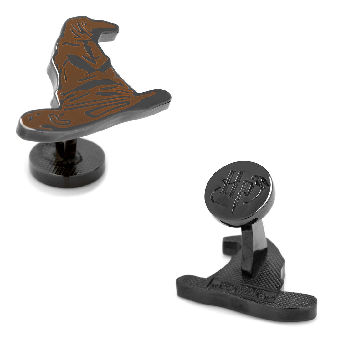 Harry Potter Sorting Hat Cufflinks shaped like brown, pointed hats, featuring a black logo emblem on the back posts.