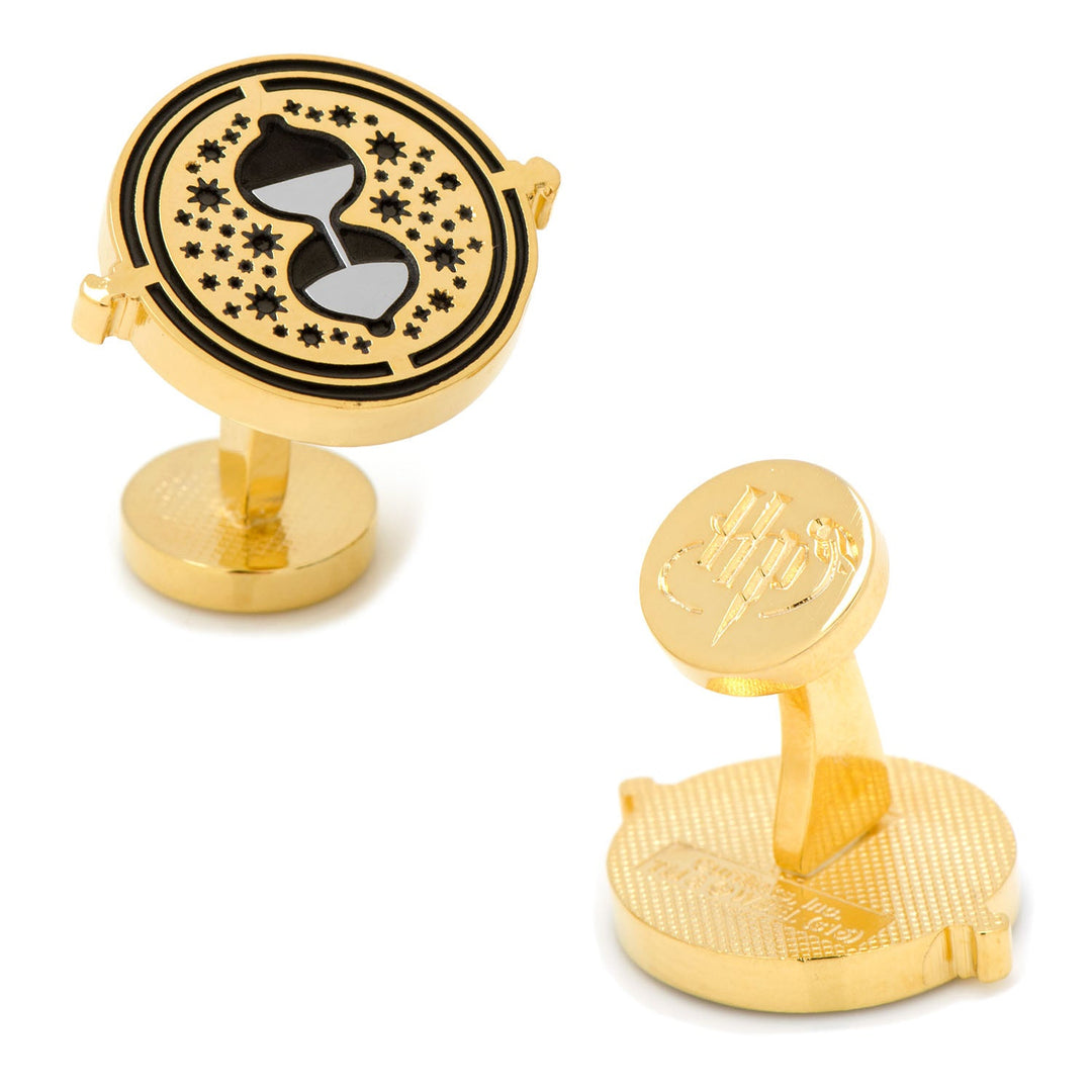 Gold-toned Harry Potter Hermione’s Time Turner Cufflinks with star detailing and an HP logo embossed on the back post.