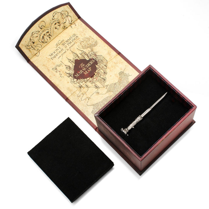 Silver Harry Potter Wand Tie Clip presented in a box featuring a Marauder’s Map interior design.