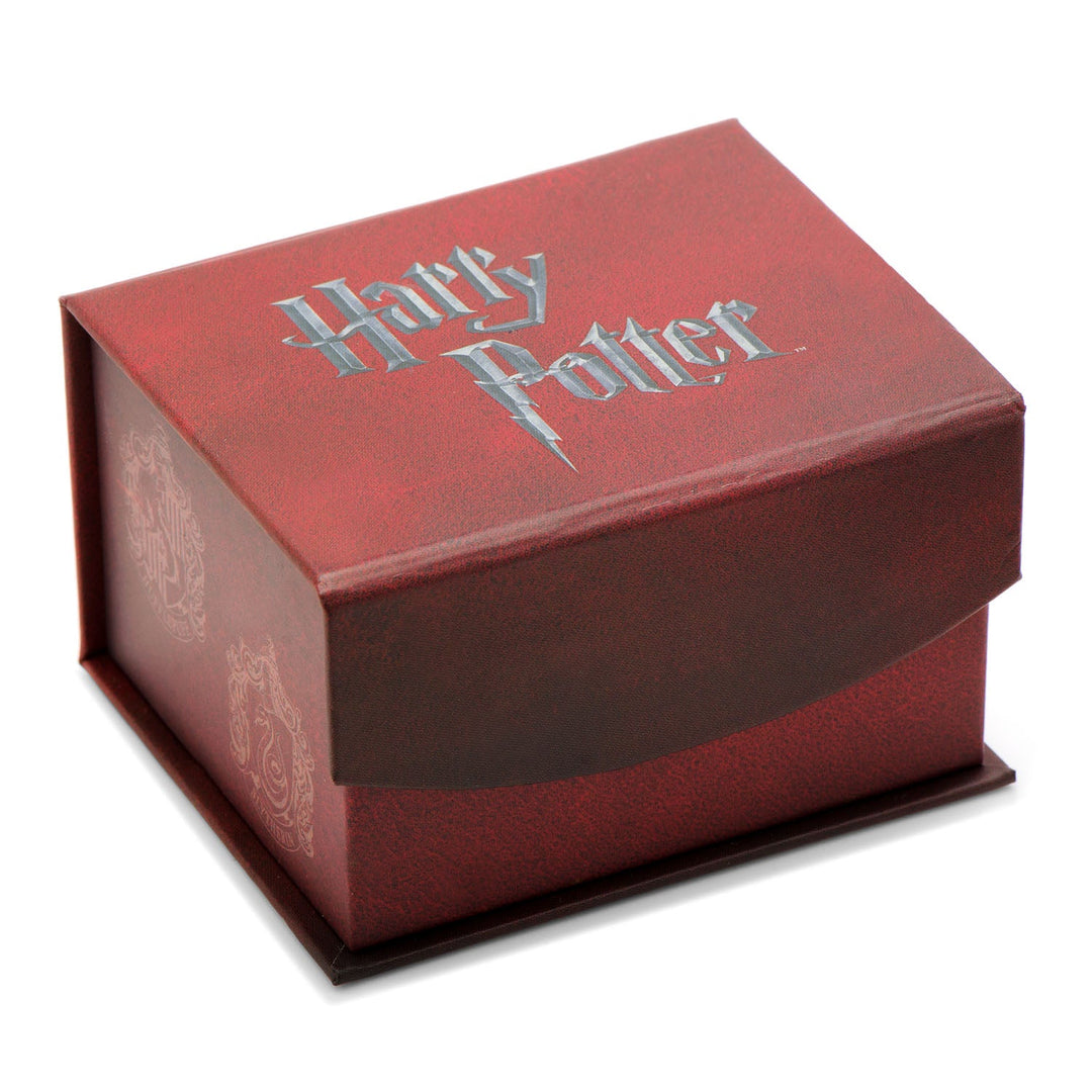 Red rectangular gift box for Harry Potter Hedwig Owl Cufflinks, featuring a silver logo on the lid and embossed Hogwarts crests on the sides.