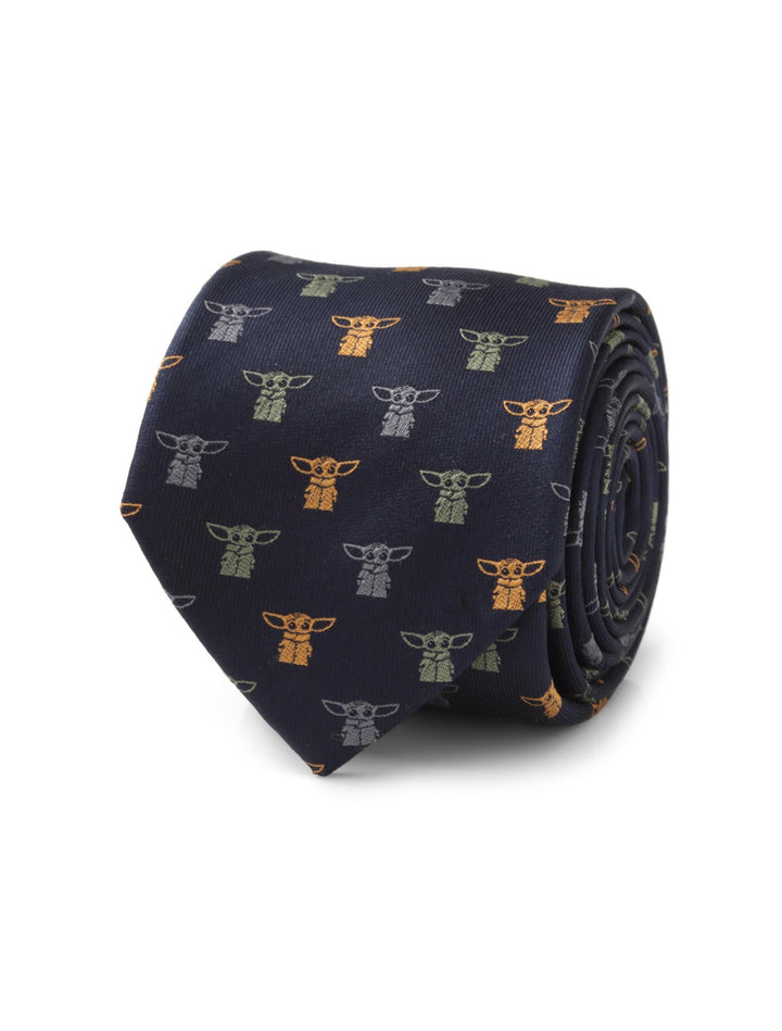 Star Wars Navy Dotted Tie in navy with a repeating pattern of small orange, yellow, and green Grogu figures.