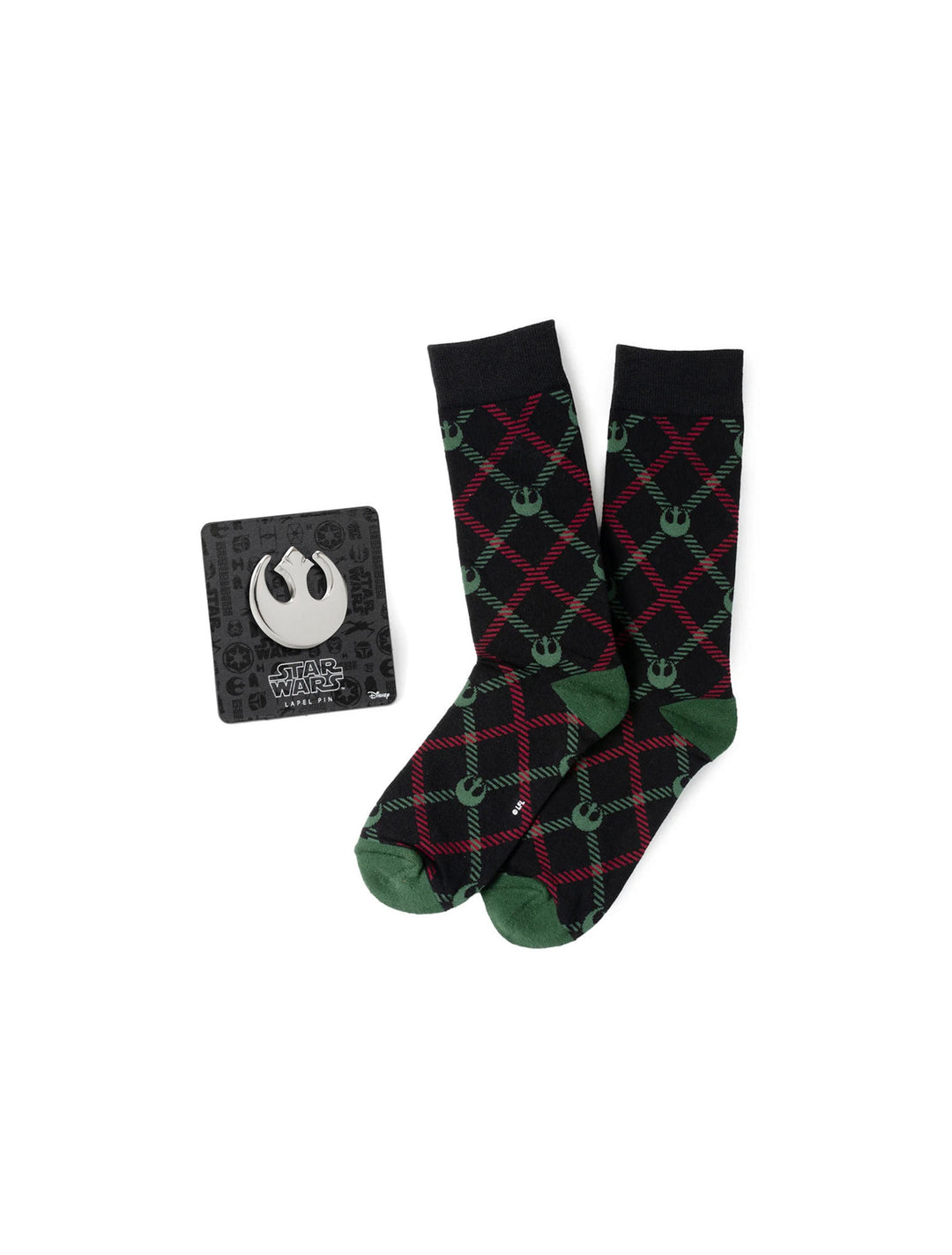 Star Wars Rebel Alliance Dress Socks and Lapel Pin Gift Set featuring black socks with a red and green plaid pattern and a metal Rebel Alliance lapel pin on a display card.