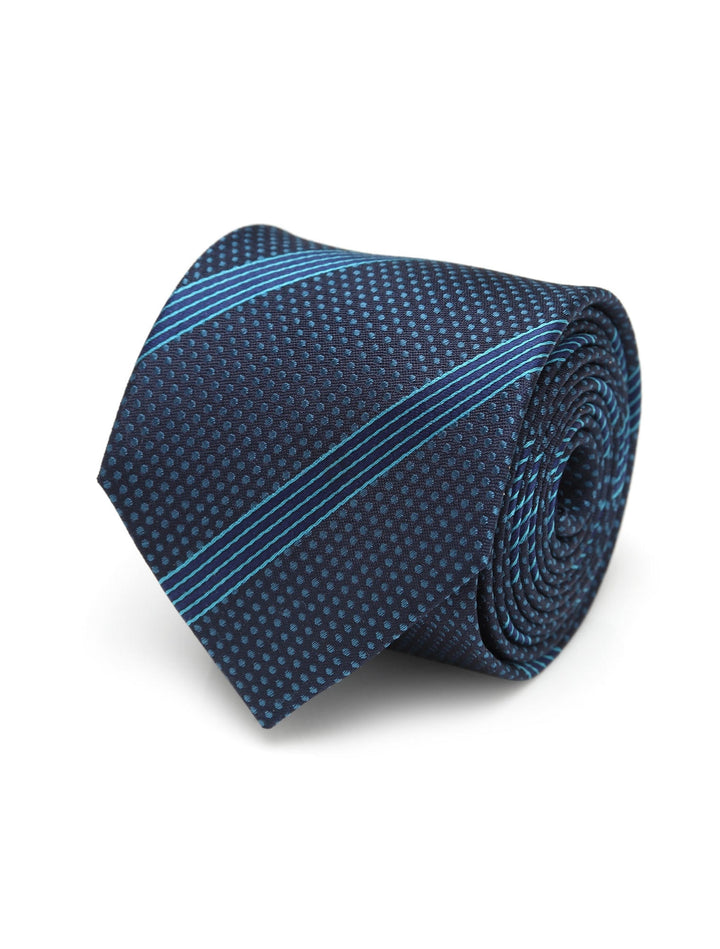 A rolled Star Wars Millennium Falcon Blue Striped Tie featuring a dark blue silk fabric with a subtle dot pattern and diagonal light blue stripes.