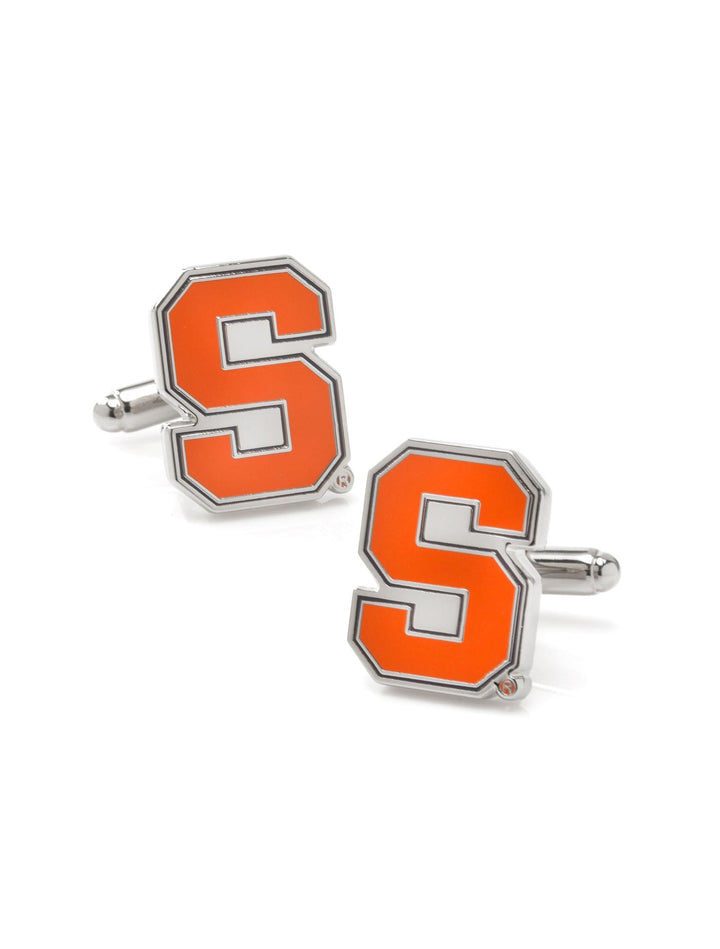 NCAA Syracuse University cufflinks featuring two silver-tone pieces, each with an orange block letter S outlined in silver.