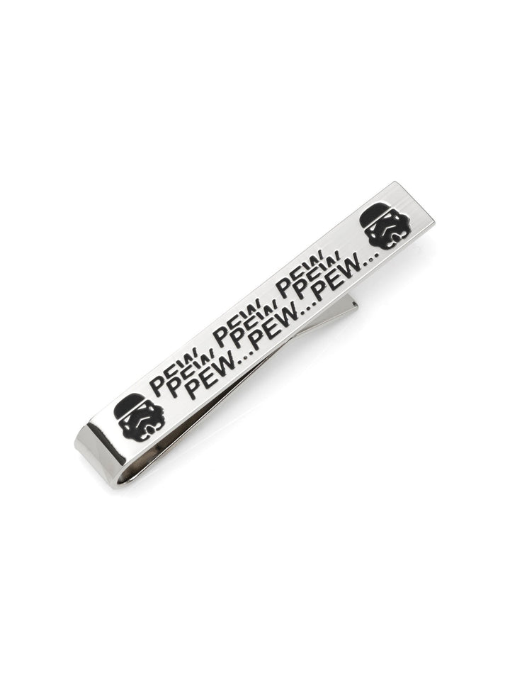 Star Wars Stormtrooper Pew Pew Pew Tie Bar in silver-tone, featuring two helmets and the repeating text “PEW...PEW...PEW.”