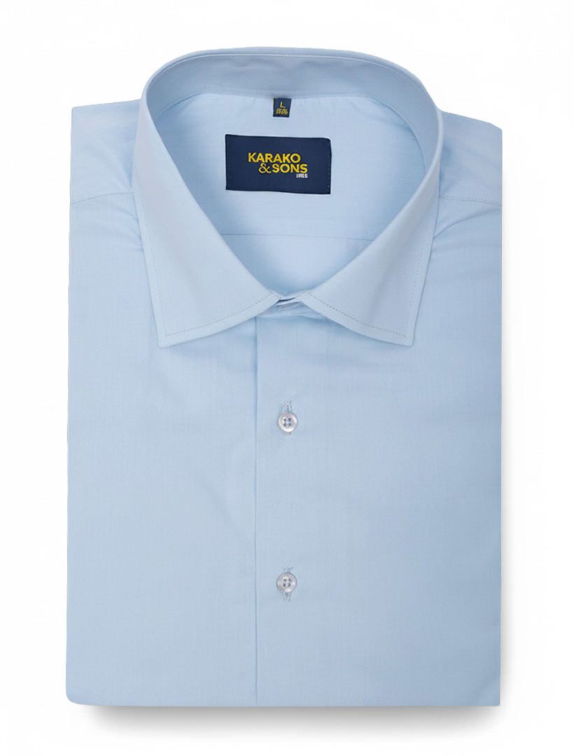 A neatly folded Men’s Blue Bamboo Wrinkle-Free Slim Fit Dress Shirt by Karako & Sons, featuring a pointed collar and the brand’s label inside the collar area.