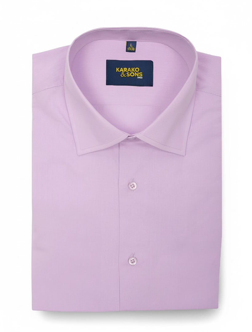 A neatly folded Karako & Sons Men's Lavender Bamboo Wrinkle-Free Slim Fit Dress Shirt with a spread collar and two visible buttons is displayed against a white background.