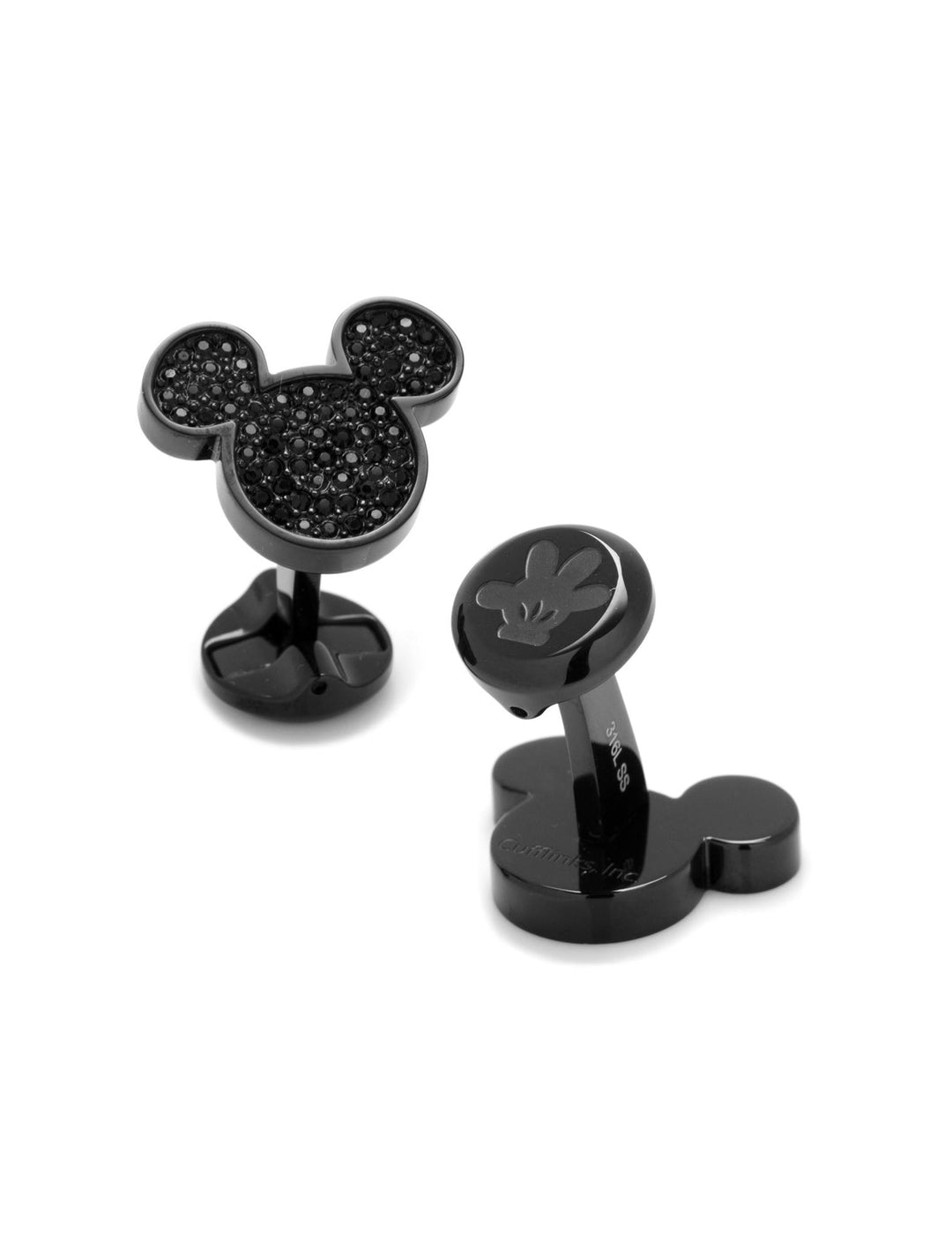 Disney Mickey Mouse Stainless Steel Black Pave Crystal Cufflinks, featuring one crystal-filled head and one circular face with an embossed glove icon.