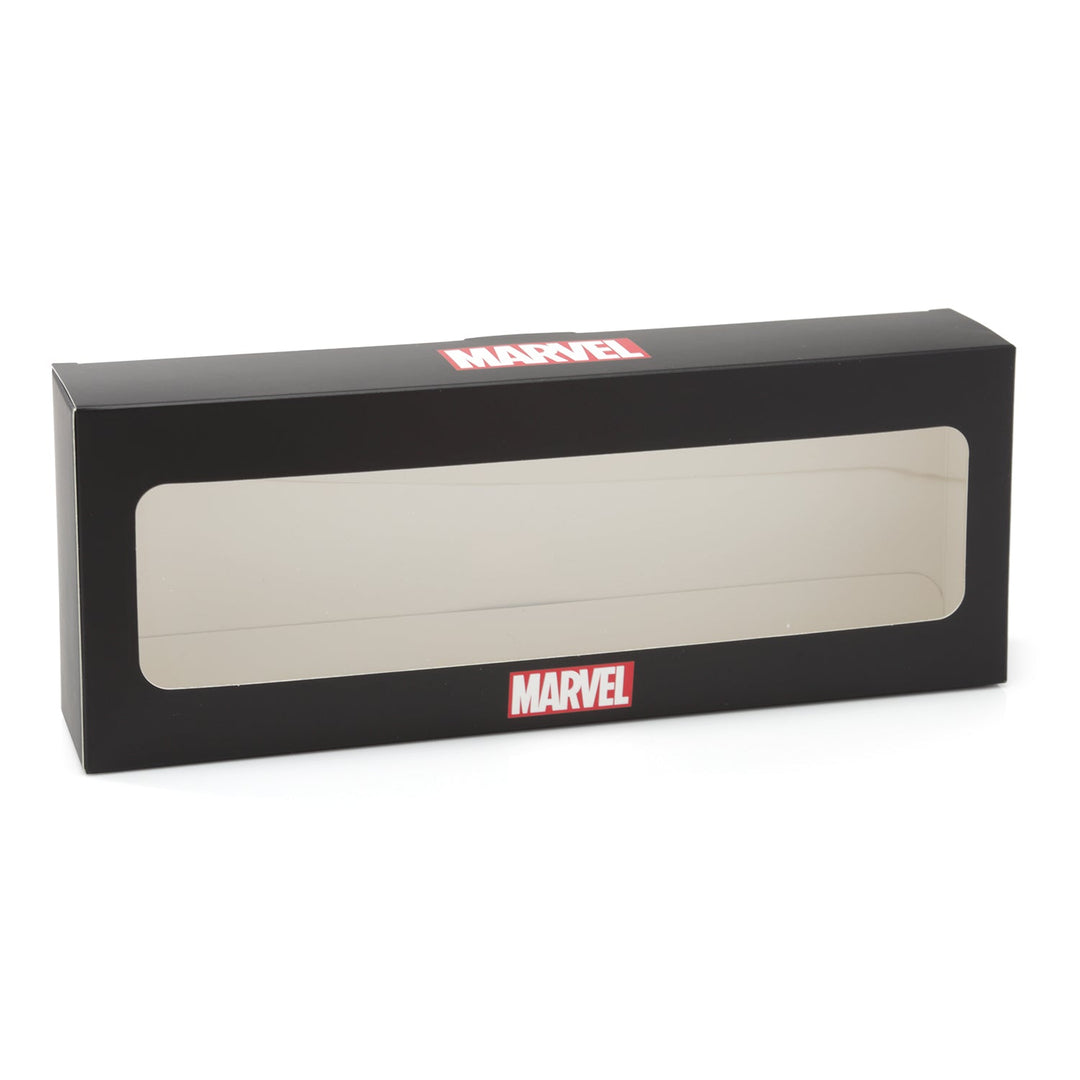Black rectangular gift box for a Marvel Spider-Man Dot 3 Pack Socks and Lapel Pin Gift Set, featuring a clear plastic window and Marvel logos printed on the top and front edges.