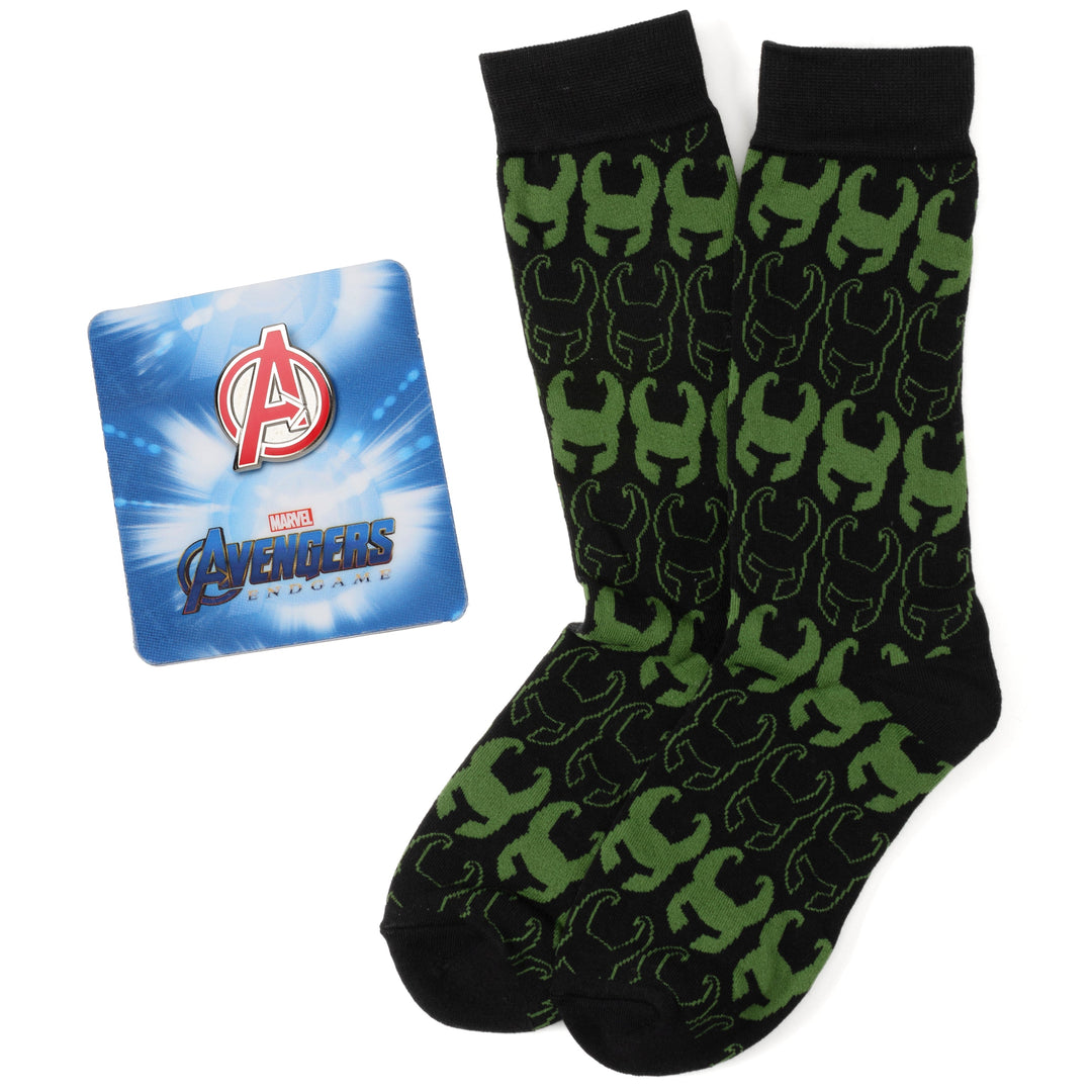 Marvel Avengers Loki Pattern Green and Black Gift Set featuring black socks with green helmet icons and an Avengers Endgame pin on a blue backing card.