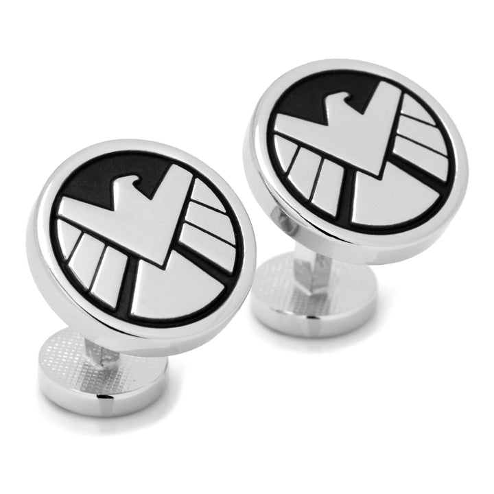 Round silver Marvel Agents of S.H.I.E.L.D. Cufflinks featuring a black-and-silver eagle emblem.