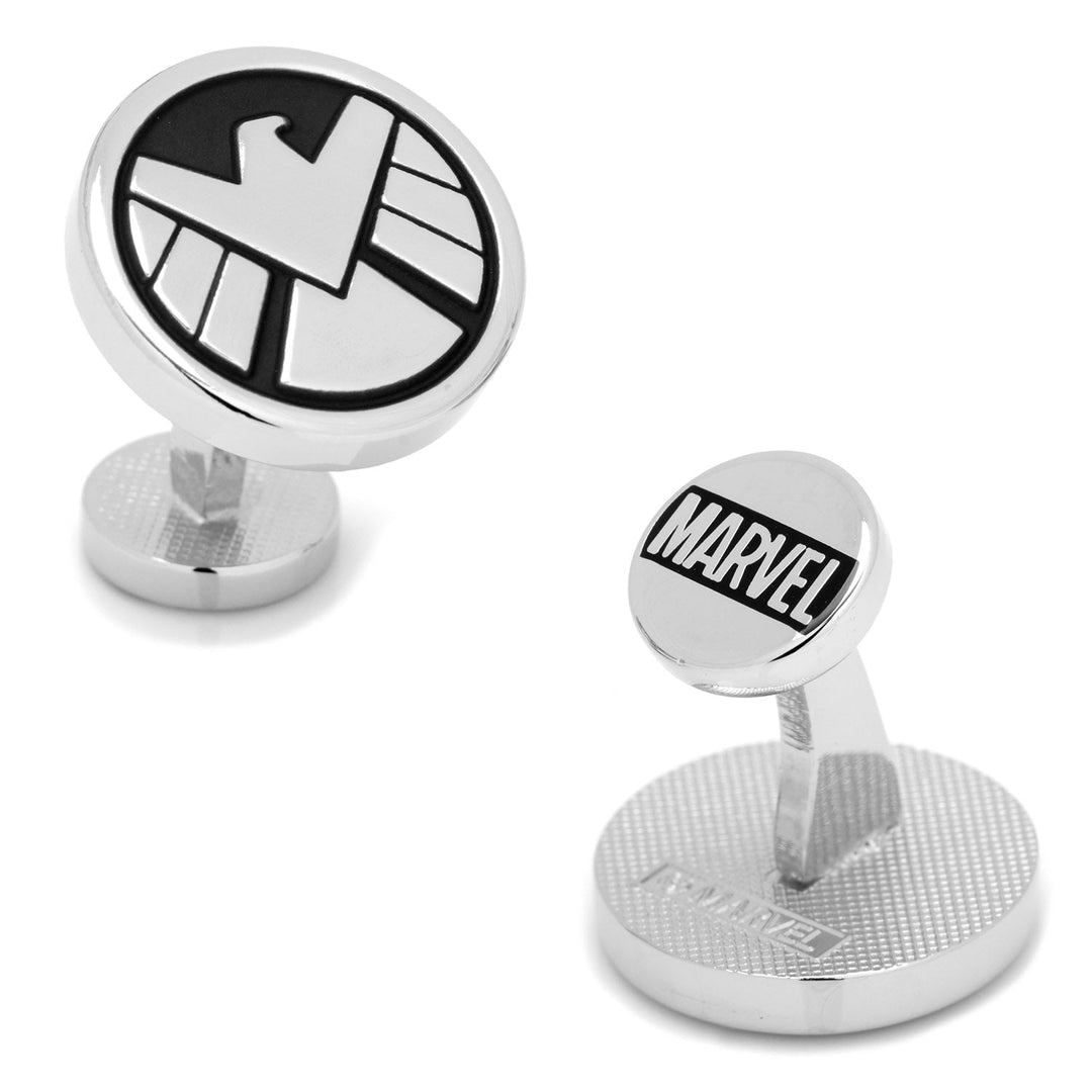 Marvel Agents of S.H.I.E.L.D. Cufflinks featuring one silver emblem of the black and silver S.H.I.E.L.D. eagle and one silver Marvel logo.