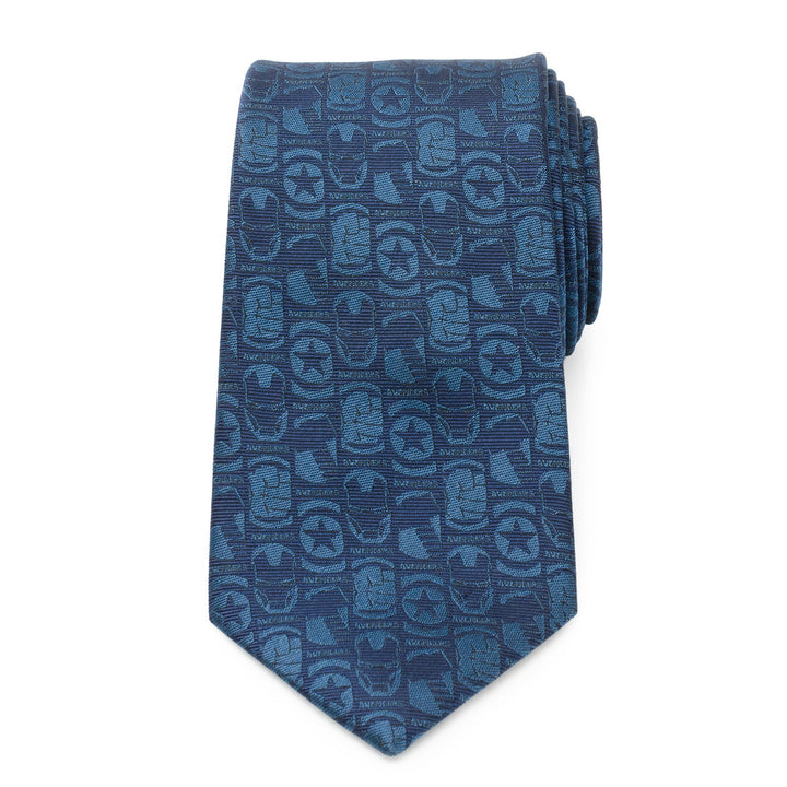 Marvel Avengers Men’s Blue Tie featuring a repeating pattern of Iron Man masks and Avengers star logos.
