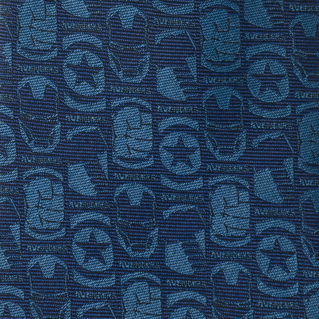 Marvel Avengers Men’s Blue Tie in dark blue silk blend fabric featuring a repeating pattern of Avengers icons, including Captain America shields and Iron Man masks.