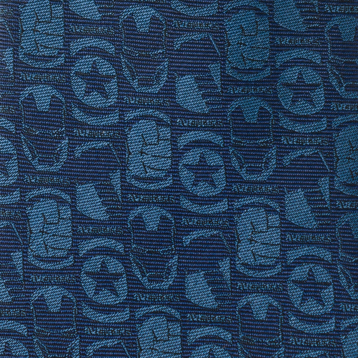 Marvel Avengers Men’s Blue Tie in dark blue silk blend fabric featuring a repeating pattern of Avengers icons, including Captain America shields and Iron Man masks.