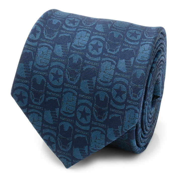 Marvel Avengers Men’s Blue Tie in a silk blend featuring a repeating pattern of Avengers character icons and logos.