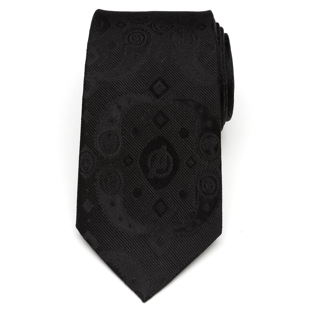 Marvel Avengers Paisley Icons Print black silk tie featuring a subtle tonal paisley and Avengers symbol pattern.
