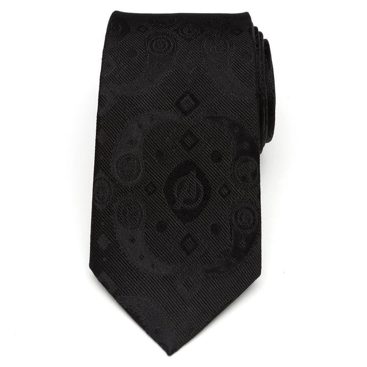 Marvel Avengers Paisley Icons Print black silk tie featuring a subtle tonal paisley and Avengers symbol pattern.