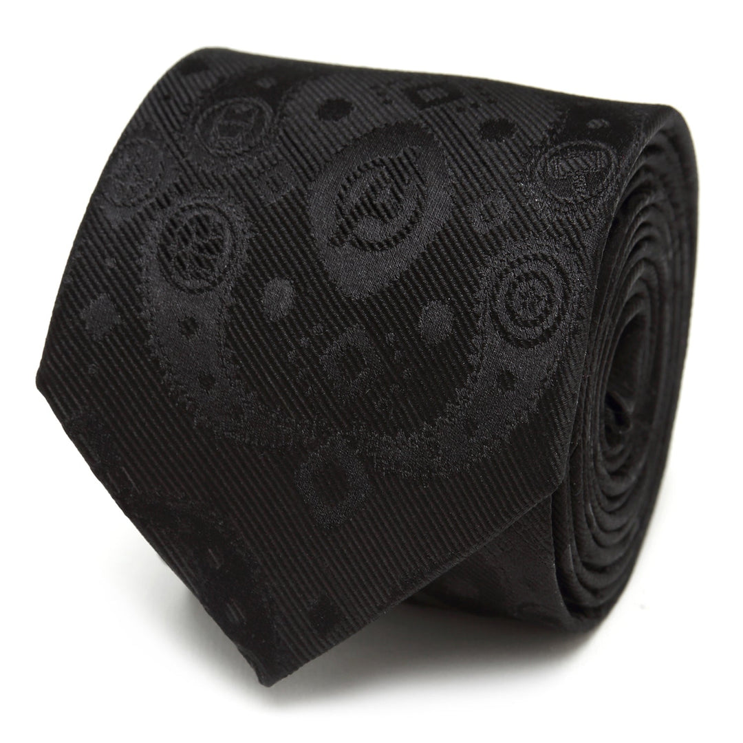 A rolled Marvel Avengers Paisley Icons Print Black Tie featuring a subtle, tonal paisley pattern of Avengers character icons.