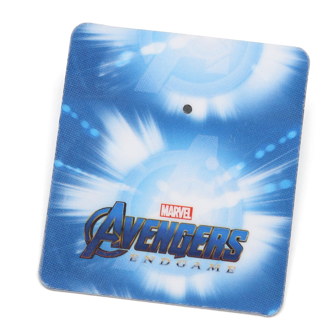 Square display card featuring a Marvel Avengers Lapel Pin against a blue cosmic-themed background with the Avengers Endgame logo.