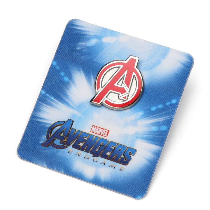 Red and silver Marvel Avengers Lapel Pin enamel pin mounted on a blue graphic backing card.