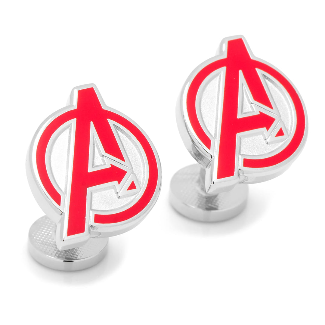 Marvel Avengers Cufflinks featuring a pair of silver-tone circular designs with a red and silver “A” logo.