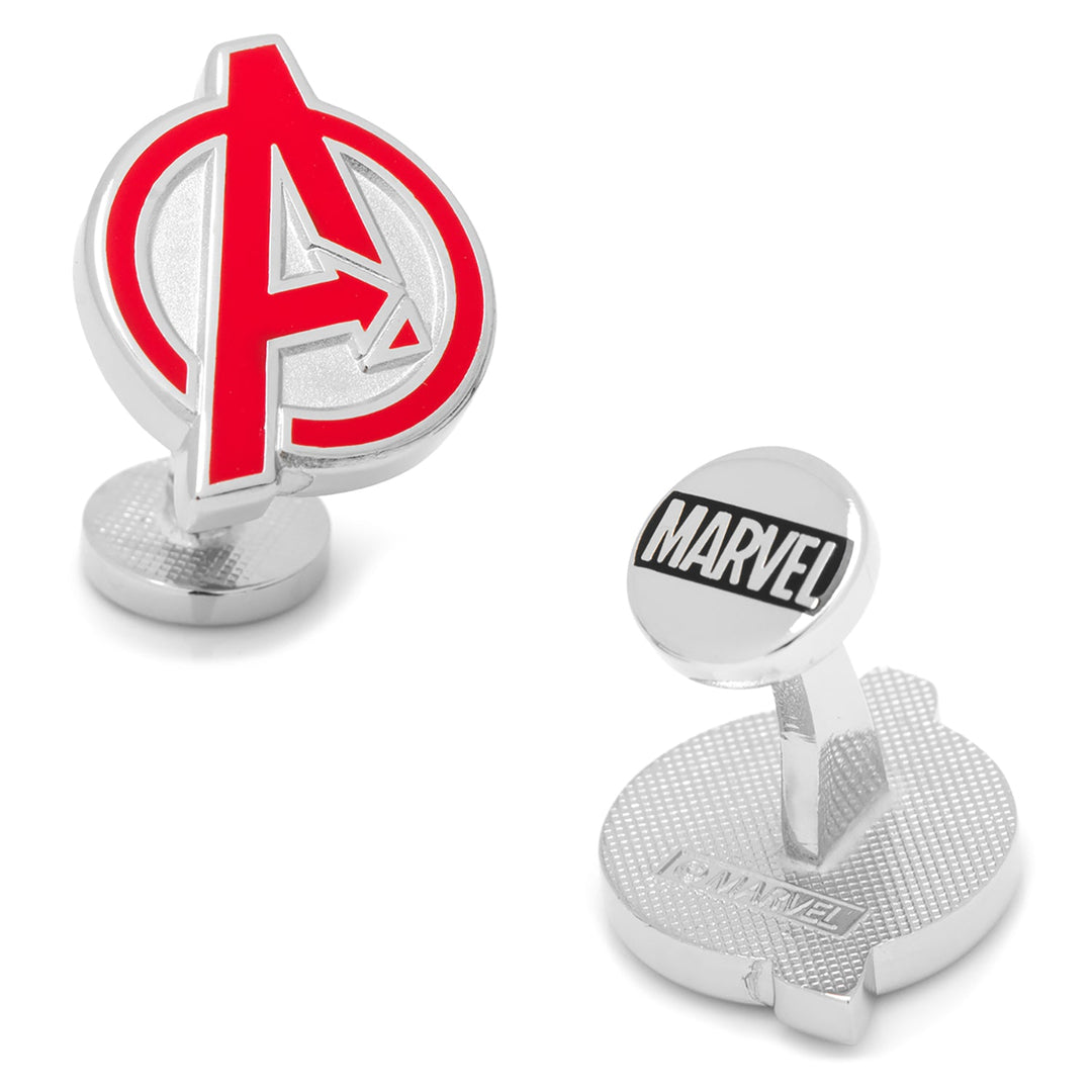 Marvel Avengers Cufflinks in silver-tone, with one featuring the red and silver “A” logo and the other displaying the word “MARVEL” in black text.
