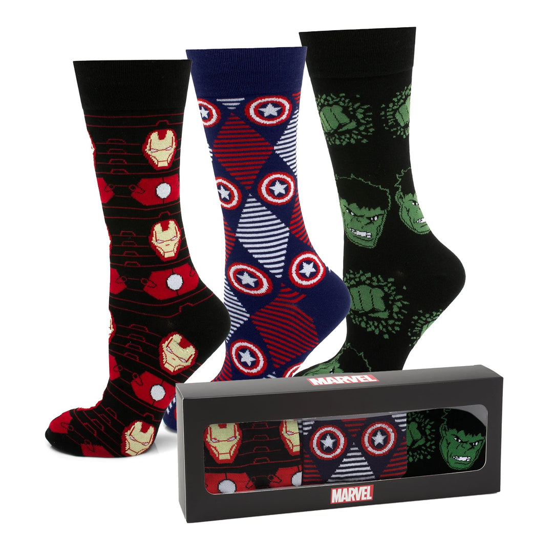 Marvel Avengers Favorites 3 Pair Socks and Lapel Pin Gift Set featuring three pairs of socks with Iron Man, Captain America shield, and Hulk patterns in a matching box.