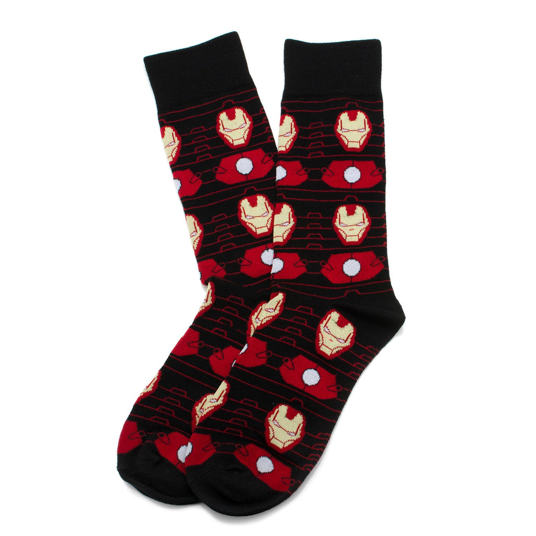 Black Marvel Avengers Favorites 3 Pair Socks and Lapel Pin Gift Set featuring a repeating Iron Man helmet pattern in red and gold.