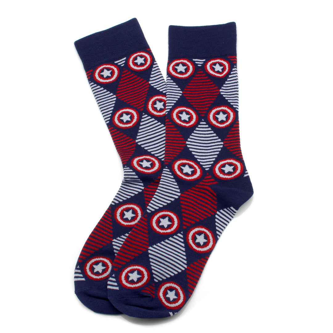 A pair of blue, red, and white Marvel Avengers Favorites 3 Pair Socks and Lapel Pin Gift Set argyle socks featuring circular star shield patterns.