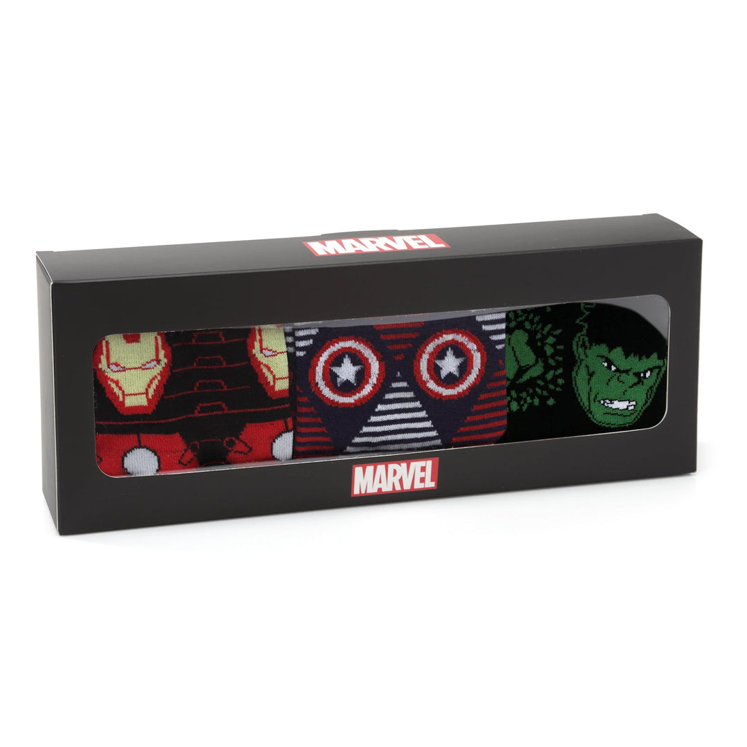 Marvel Avengers Favorites 3 Pair Socks and Lapel Pin Gift Set featuring three pairs of socks with Iron Man, Captain America, and the Hulk, displayed in a branded box.