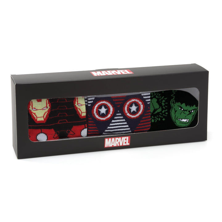 Marvel Avengers Favorites 3 Pair Socks and Lapel Pin Gift Set featuring three pairs of socks with Iron Man, Captain America, and the Hulk, displayed in a branded box.