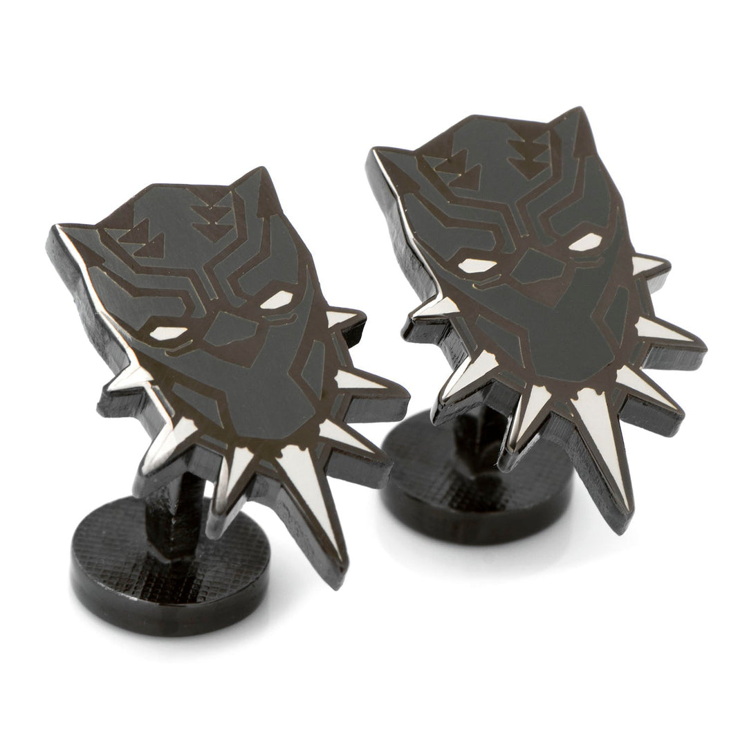 A pair of black metal Marvel Black Panther Cufflinks shaped like the iconic superhero mask.