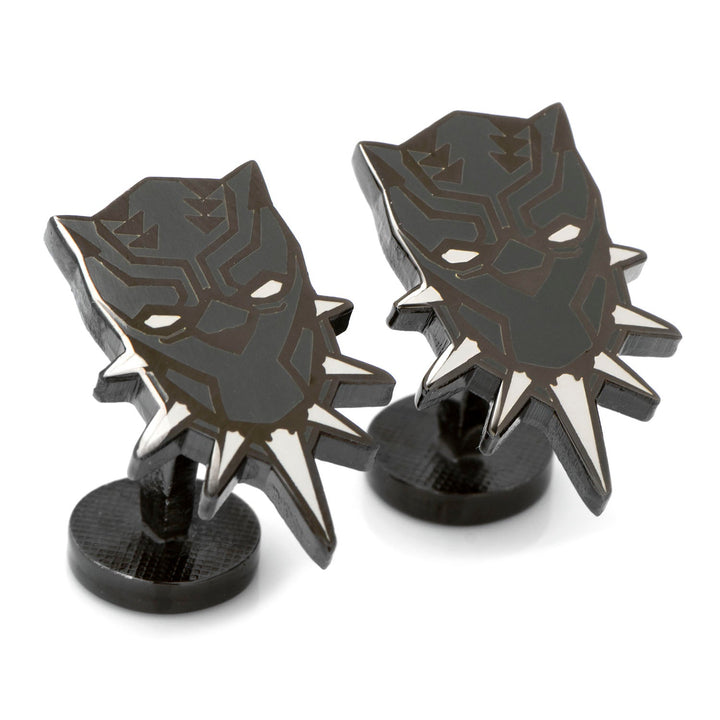 A pair of black metal Marvel Black Panther Cufflinks shaped like the iconic superhero mask.
