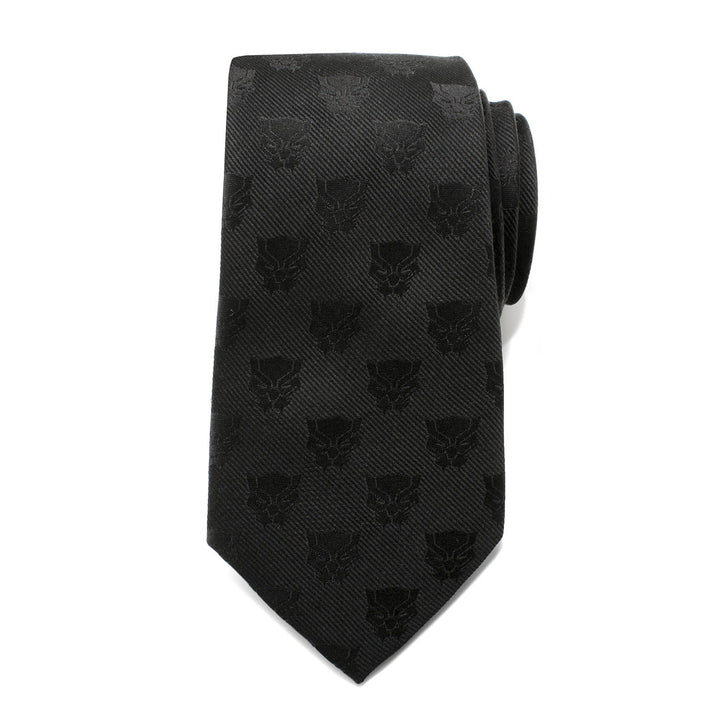 Marvel Black Panther Men’s Tie in black, featuring a repeating tonal Black Panther mask pattern.
