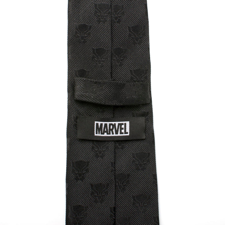 Marvel Black Panther Men’s Tie in black with an all-over tonal panther mask pattern and a Marvel logo tag.