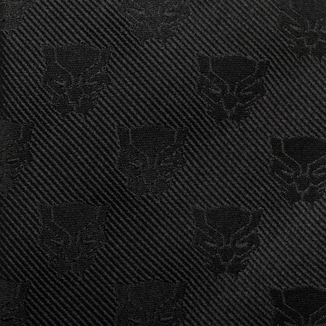 Marvel Black Panther Men’s Tie in black fabric with a diagonal weave and repeating tone-on-tone panther mask motif.