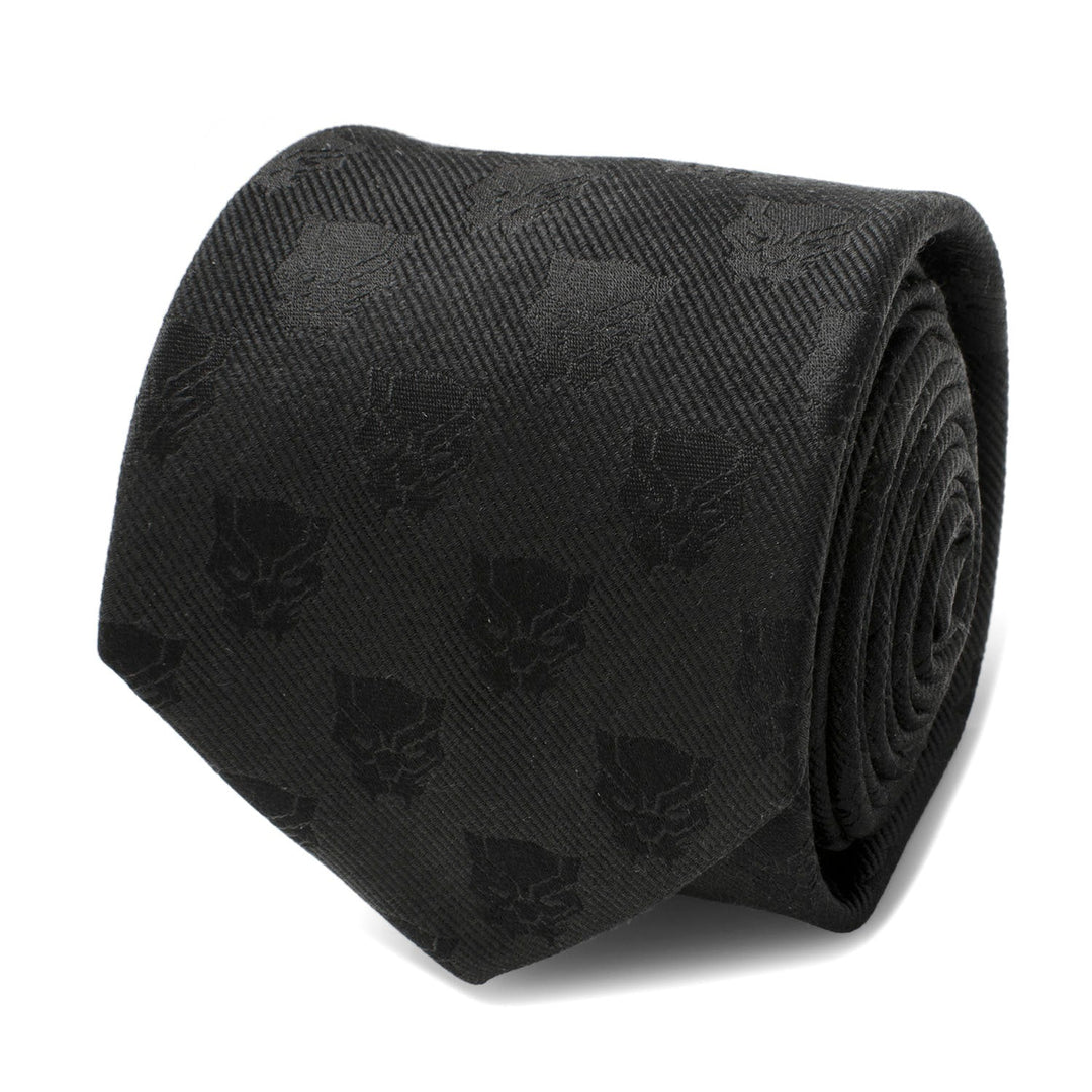 Marvel Black Panther Men’s Tie in black, featuring a tonal, repeating Black Panther mask pattern.