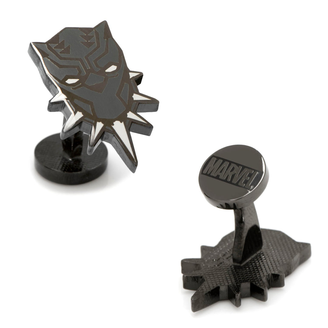Marvel Black Panther Cufflinks featuring a black metal mask and a round stud embossed with “MARVEL.”