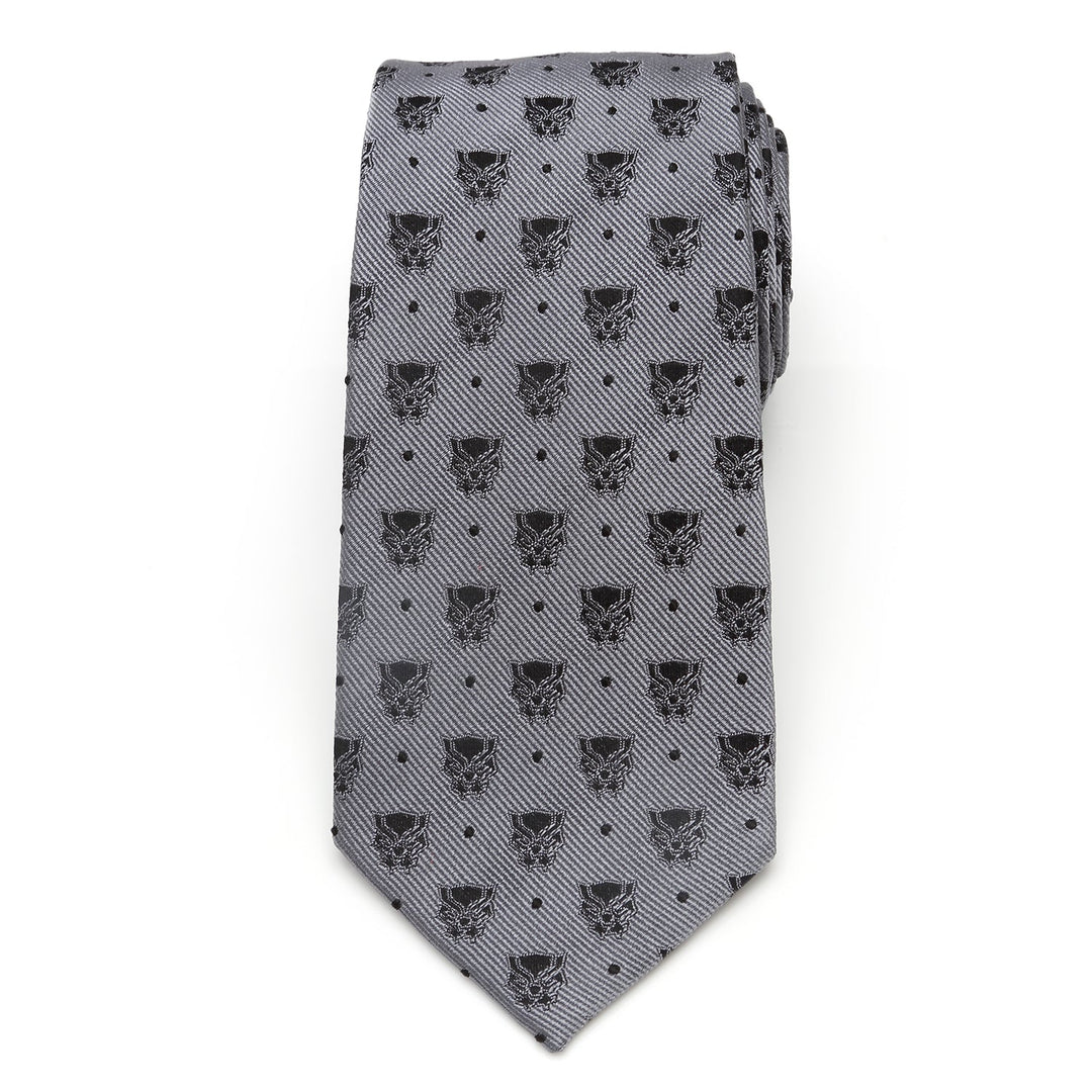 Marvel Black Panther Gray Dot Tie in gray silk featuring a repeating pattern of Black Panther masks and small black dots.