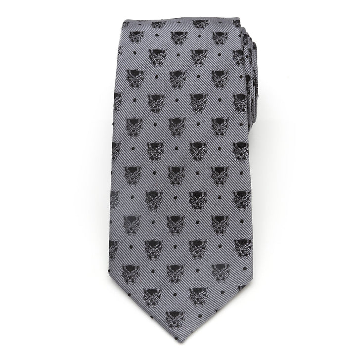 Marvel Black Panther Gray Dot Tie in gray silk featuring a repeating pattern of Black Panther masks and small black dots.
