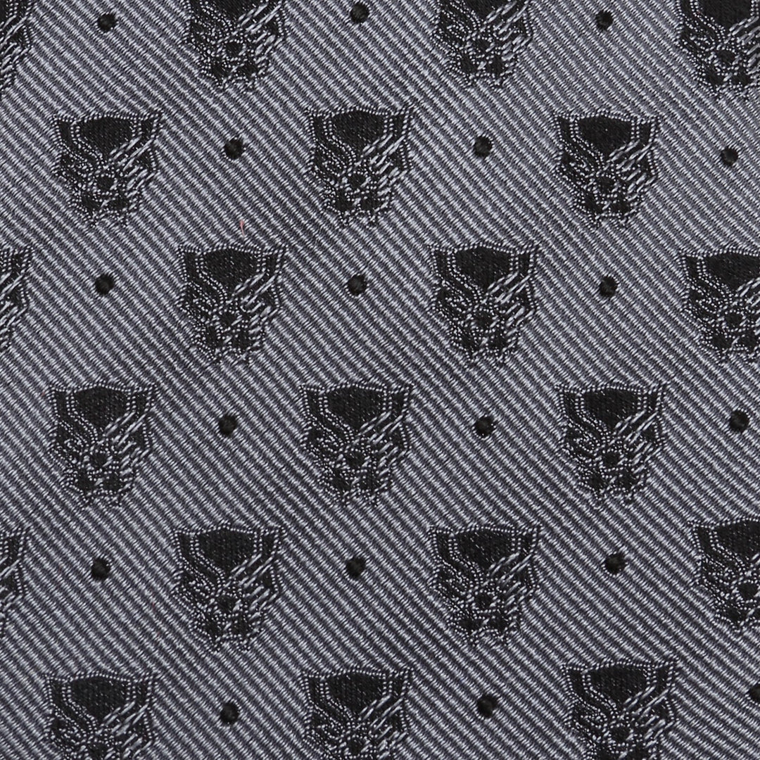 Marvel Black Panther Gray Dot Tie in gray silk, featuring a repeating Black Panther mask pattern interspersed with small black dots.