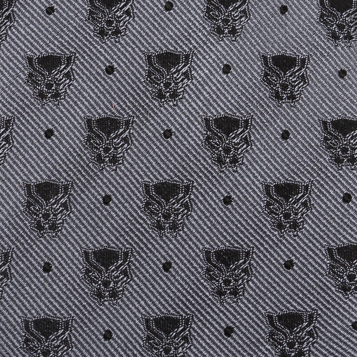 Marvel Black Panther Gray Dot Tie in gray silk, featuring a repeating Black Panther mask pattern interspersed with small black dots.