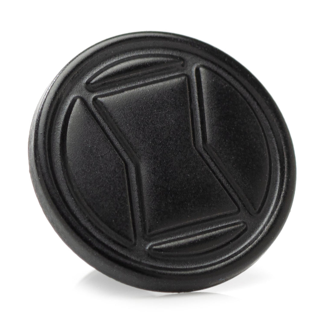 Black circular Marvel Black Widow Lapel Pin featuring an embossed hourglass symbol.