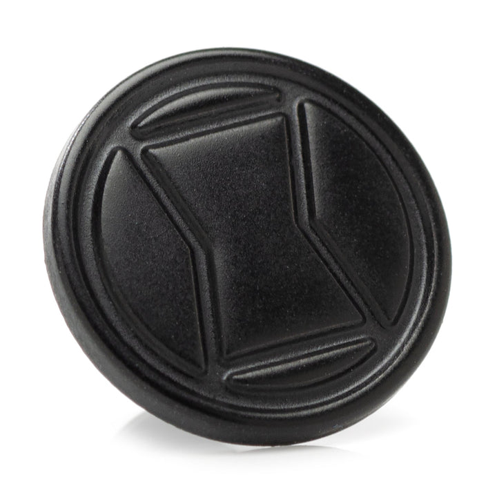 Black circular Marvel Black Widow Lapel Pin featuring an embossed hourglass symbol.