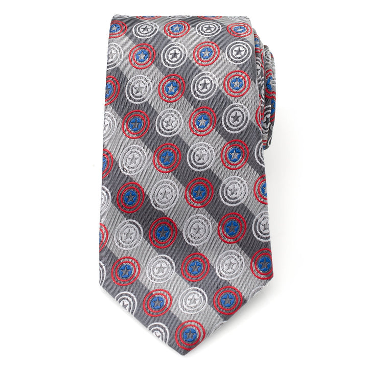 Marvel Captain America Gray Stripe Men’s Tie featuring alternating gray stripes and a repeating pattern of red, white, and blue Captain America shield icons.