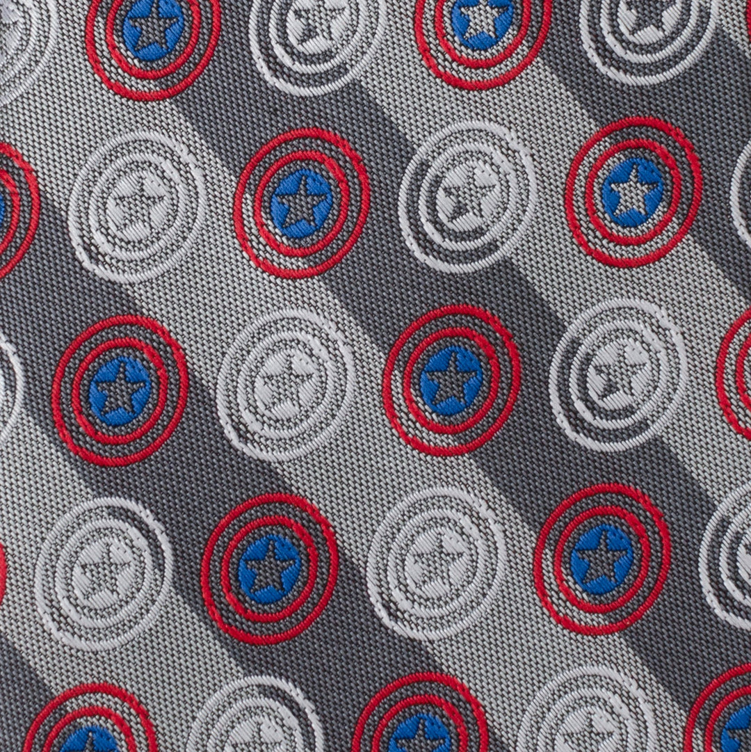 Marvel Captain America Gray Stripe Men’s Tie in gray with a repeating pattern of embroidered shield motifs in red, white, and blue.