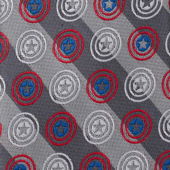 Marvel Captain America Gray Stripe Men’s Tie in gray with a repeating pattern of embroidered shield motifs in red, white, and blue.