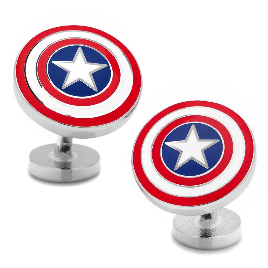 Marvel Captain America Shield Cufflinks featuring two silver-tone circular shields with red, white, and blue enamel and a central white star.