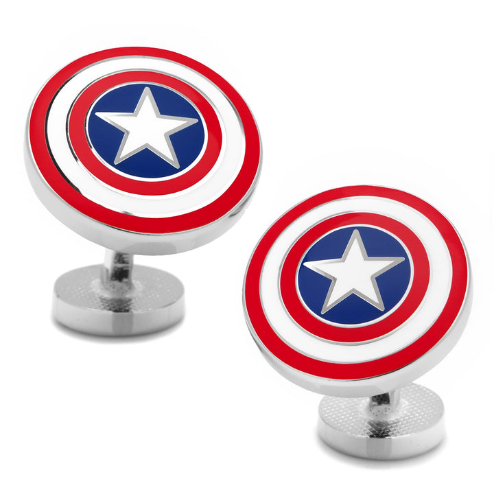 Marvel Captain America Shield Cufflinks featuring two silver-tone circular shields with red, white, and blue enamel and a central white star.